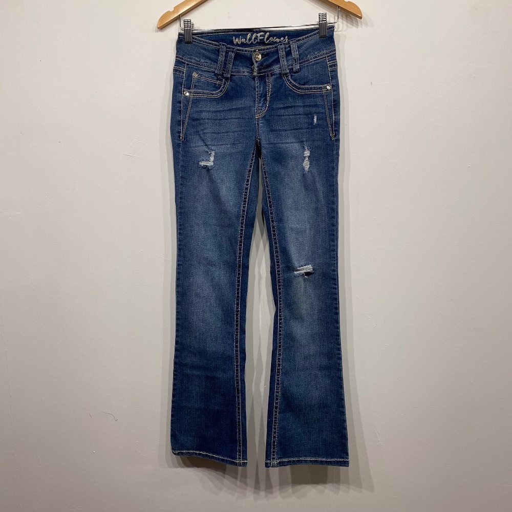 Wallflower Dark Wash Distressed Boot Cut Western Y2K Embellished Jeans Size 0